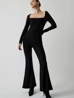 COMMENSE Square Neck Long Sleeve Flare Jumpsuit* Black Dresses|Jumpsuits & Rompers
