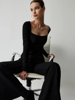 COMMENSE Square Neck Long Sleeve Flare Jumpsuit* Black Dresses|Jumpsuits & Rompers