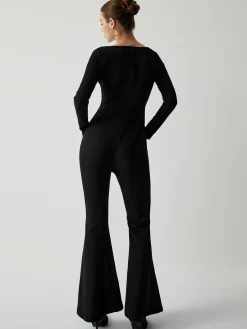 COMMENSE Square Neck Long Sleeve Flare Jumpsuit* Black Dresses|Jumpsuits & Rompers
