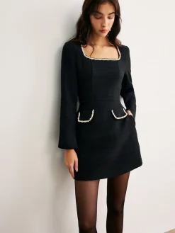 COMMENSE Square Neck Pearl Beaded Dress* Casual Dresses|Work Dresses