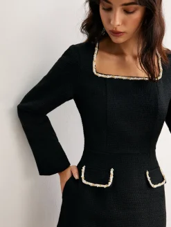 COMMENSE Square Neck Pearl Beaded Dress* Casual Dresses|Work Dresses