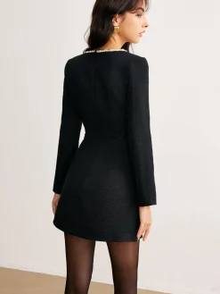 COMMENSE Square Neck Pearl Beaded Dress* Black Dresses|Casual Dresses