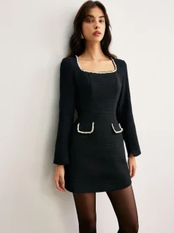 COMMENSE Square Neck Pearl Beaded Dress* Black Dresses|Casual Dresses
