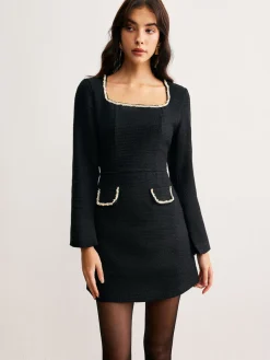 COMMENSE Square Neck Pearl Beaded Dress* Black Dresses|Casual Dresses