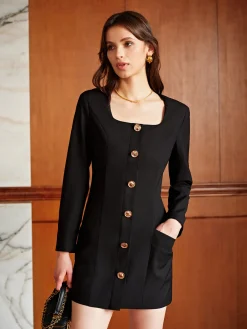 COMMENSE Square Neck Pockets Slim Dress* Black Dresses|Casual Dresses