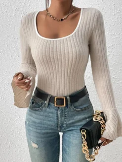 COMMENSE Square Neck Ruffle-Cuff Slim Top* T-shirts