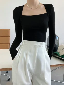 COMMENSE Square Neck Solid Long Sleeve Shirt* Sweater Tops|T-shirts