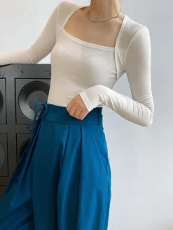 COMMENSE Square Neck Solid Long Sleeve Shirt* Sweater Tops|T-shirts
