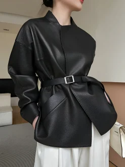 COMMENSE Stand Collar Belted Faux Leather Jacket* Outerwear|Jackets