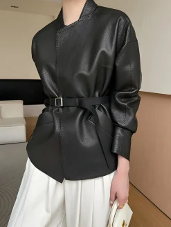 COMMENSE Stand Collar Belted Faux Leather Jacket* Outerwear|Jackets