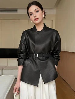 COMMENSE Stand Collar Belted Faux Leather Jacket* Outerwear|Jackets