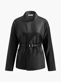 COMMENSE Stand Collar Belted Faux Leather Jacket* Outerwear|Jackets