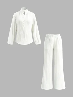 COMMENSE Stand Collar Bishop Sleeve Pants Set* Long Sleeve Sets|Pants Sets