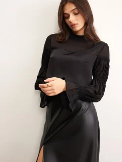 COMMENSE Stand Collar Chiffon Panel Blouse* Blouses & Shirts|Tops