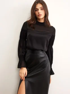 COMMENSE Stand Collar Chiffon Panel Blouse* Blouses & Shirts|Tops