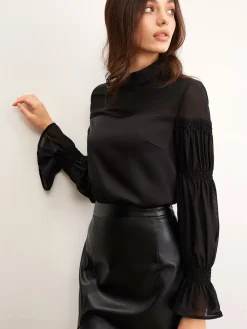 COMMENSE Stand Collar Chiffon Panel Blouse* Blouses & Shirts|Tops
