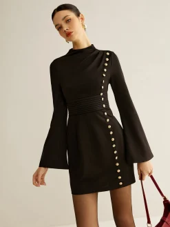 COMMENSE Stand Collar Cinched Short Dress* Black Dresses|Casual Dresses