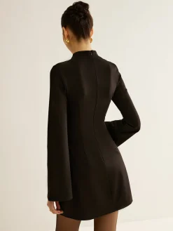 COMMENSE Stand Collar Cinched Short Dress* Black Dresses|Casual Dresses