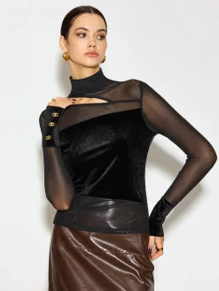 COMMENSE Stand Collar Cutout Mesh-Detail Velvet Top* Tops