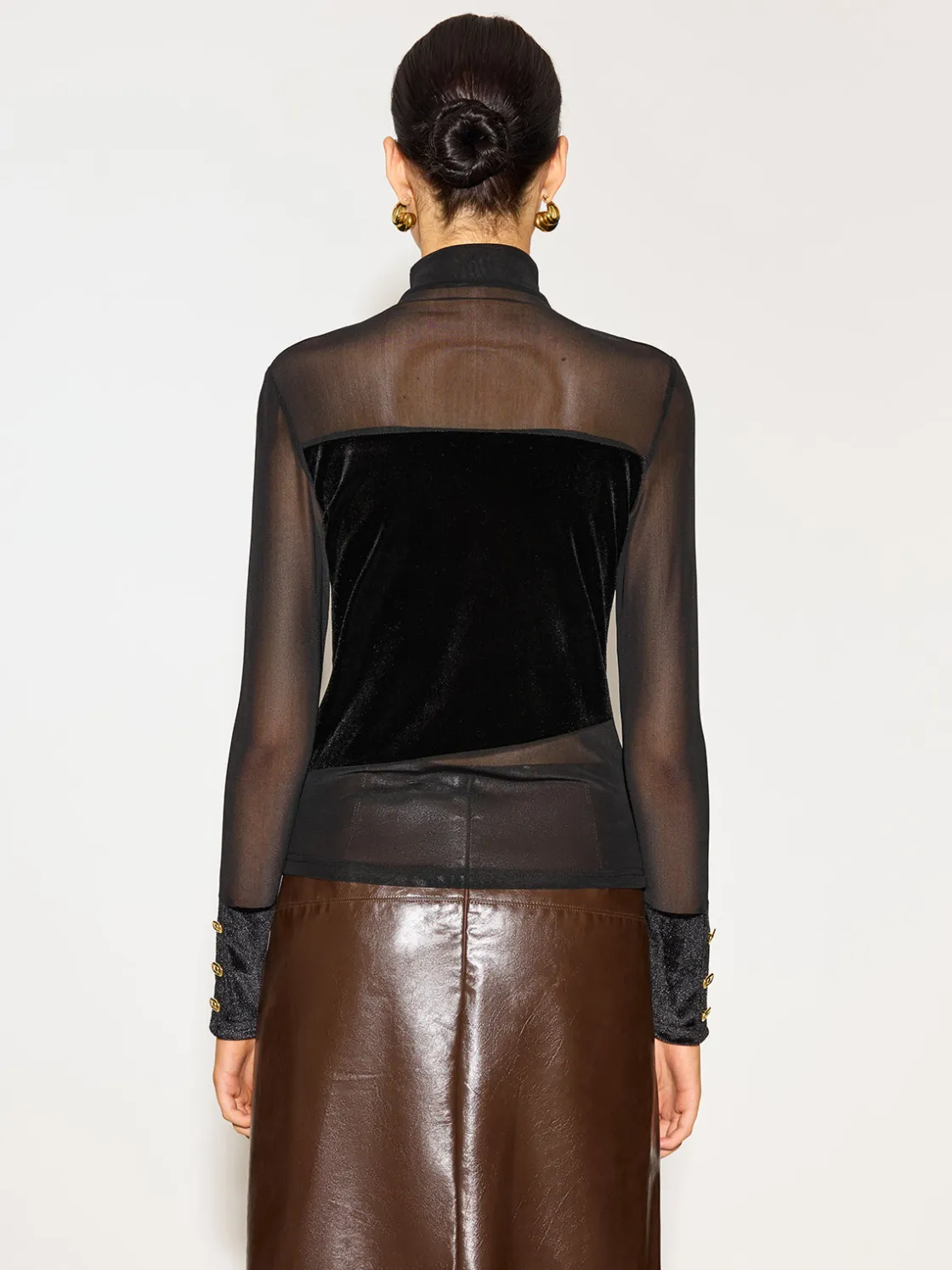 COMMENSE Stand Collar Cutout Mesh-Detail Velvet Top* Tops