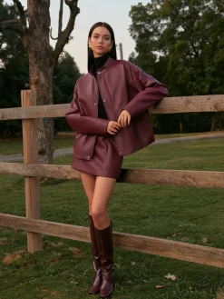 COMMENSE Stand Collar Faux Leather Zipper Jacket* Outerwear|Matching Sets