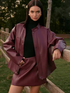 COMMENSE Stand Collar Faux Leather Zipper Jacket* Outerwear|Matching Sets