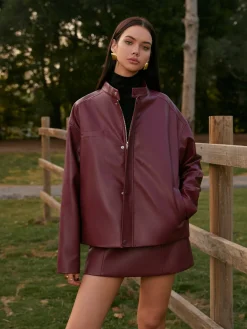 COMMENSE Stand Collar Faux Leather Zipper Jacket* Outerwear|Matching Sets