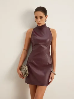 COMMENSE Stand Collar Faux Leather Skinny Tank Dress* Dresses