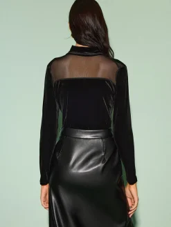 COMMENSE Stand Collar Mesh-Detail Velvet Top* Tops