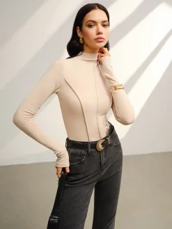 COMMENSE Stand Collar Piping Warm Top* Tops