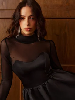 COMMENSE Stand Collar Pleated Mesh Panel Dress* Dresses