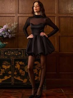 COMMENSE Stand Collar Pleated Mesh Panel Dress* Dresses