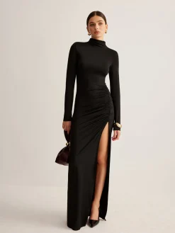 COMMENSE Stand-Collar Pleated Slit Jersey Dress* Cocktail & Party Dresses|Long Dresses