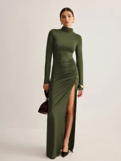 COMMENSE Stand-Collar Pleated Slit Jersey Dress* Cocktail & Party Dresses|Long Dresses