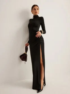 COMMENSE Stand-Collar Pleated Slit Jersey Dress* Cocktail & Party Dresses|Long Dresses