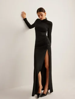 COMMENSE Stand-Collar Pleated Slit Jersey Dress* Cocktail & Party Dresses|Long Dresses