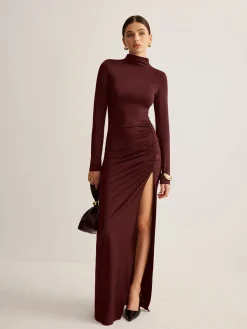 COMMENSE Stand-Collar Pleated Slit Jersey Dress* Cocktail & Party Dresses|Long Dresses