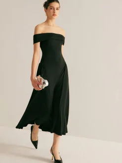 COMMENSE Straight Neck Pleated Dress* Black Dresses|Casual Dresses
