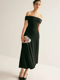 COMMENSE Straight Neck Pleated Dress* Black Dresses|Casual Dresses