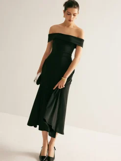 COMMENSE Straight Neck Pleated Dress* Black Dresses|Casual Dresses