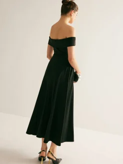 COMMENSE Straight Neck Pleated Dress* Black Dresses|Casual Dresses