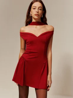 COMMENSE Straight Neck Ribbon Pleated Short Dress* Cocktail & Party Dresses|Summer Dresses