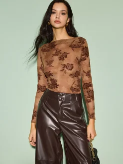 COMMENSE Straight Neck Velvet Floral T-Shirt* Tops