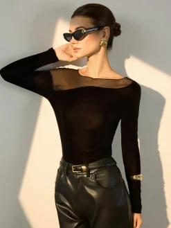 COMMENSE Straight Shoulder Sheer-Detail Slim Top* Blouses & Shirts|Tops