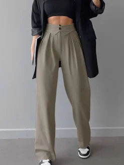 COMMENSE Street Fold Over Waistband Straight Leg Dress Pants* Pants|Bottoms