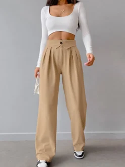 COMMENSE Street Fold Over Waistband Straight Leg Dress Pants* Pants|Bottoms