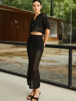 COMMENSE Stretch Crochet Button Skirt Set* Sweater Tops|Skirts