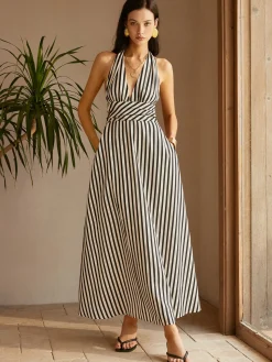 COMMENSE Stripe Backless Pockets Dress* White Dresses|Casual Dresses