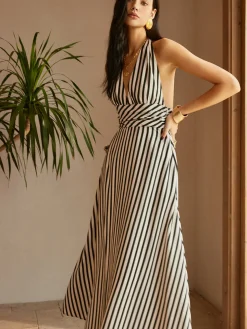 COMMENSE Stripe Backless Pockets Dress* White Dresses|Casual Dresses