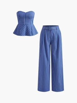 COMMENSE Stripe Belted sweetheart Pants Set* Pants Sets|Matching Sets